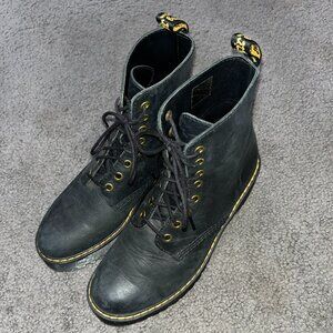 DR. MARTENS SHRIVER HI BLACK LEATHER 8 EYE BOOTS CLASSIC YELLOW STITCHING EUC  8